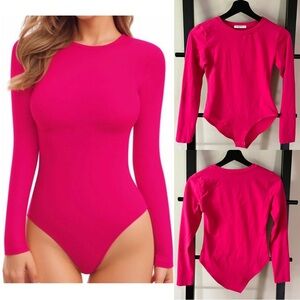 MANGOPOP Women’s Crewneck Long-sleeve Bodysuit Hot Pink Size S